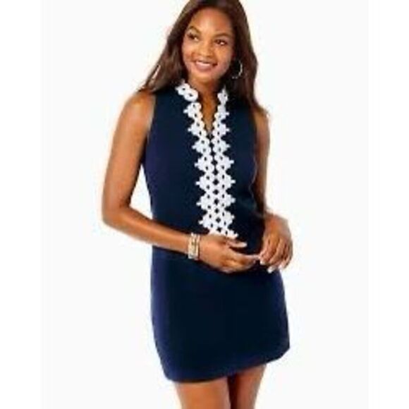 Lilly Pulitzer Jane Shift Dress Sz 0 True Navy Lace Detail $145.00 New - Picture 1 of 10